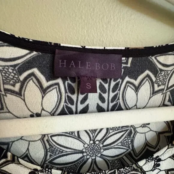 Hale Bob Black Floral Print Bell Sleeve Mini Swing Dress 70s Retro White Brown - Picture 4 of 7